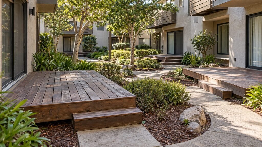 Courtyard of a Sacramento condo community with several wooden patio decks scheduled for deck inspection