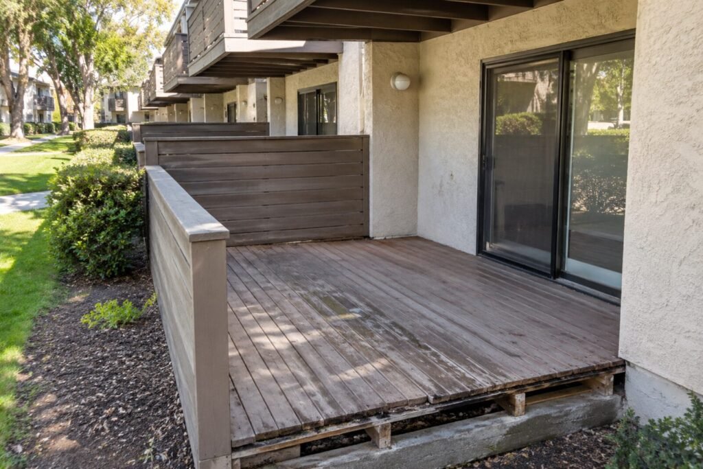 Worn wooden deck with exposed joists and gaps at the framing edge, documented during a Sacramento deck inspection