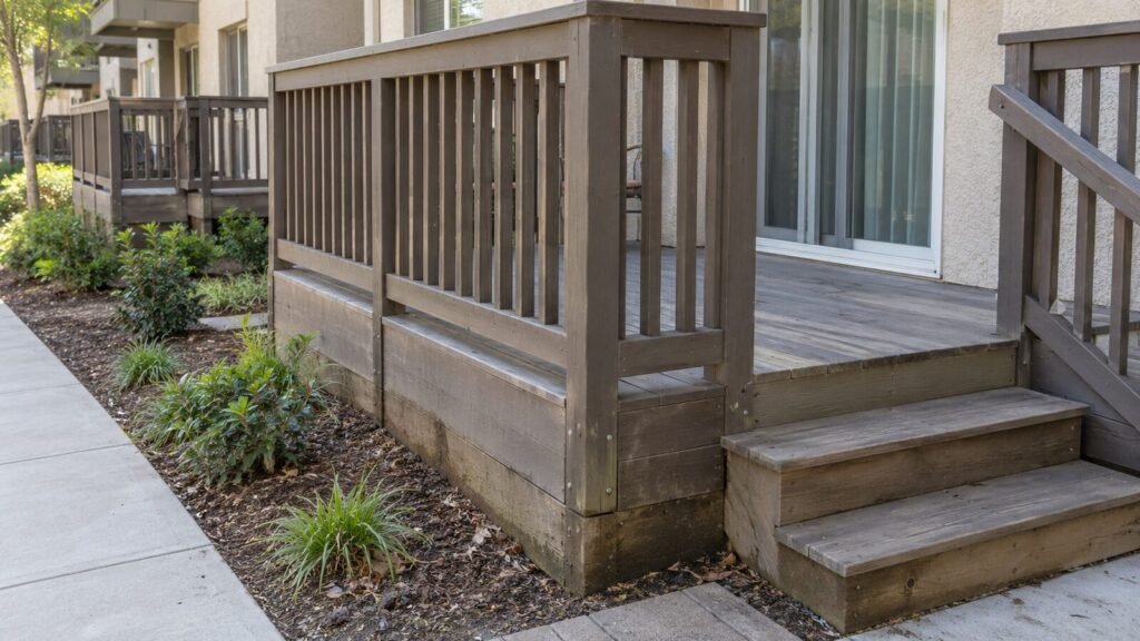 Stained wooden deck with baluster railing, box steps and handrail at a Sacramento condo before a deck inspection
