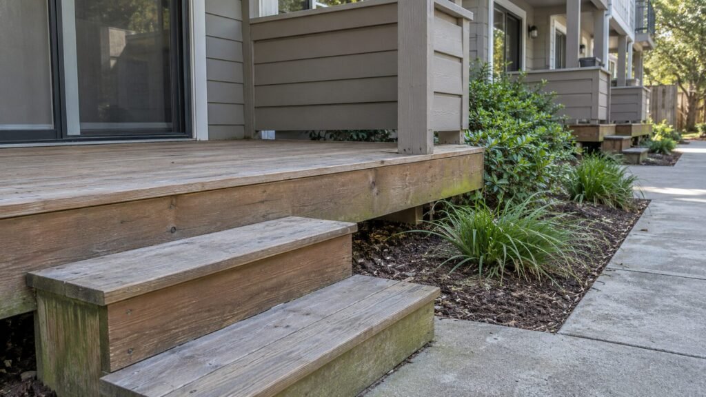 Close-up of deck rim board, steps and railing post checked during a Sacramento deck inspection