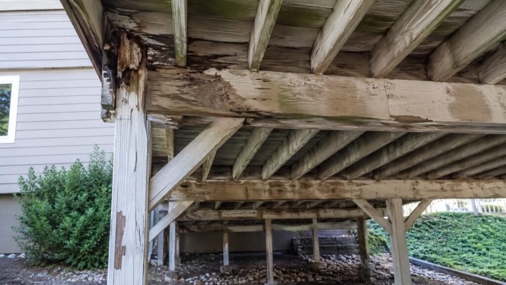 Underside of a wood deck with a rotted ledger and beam at the post connection, exposed joists and footings visible during a deck inspection