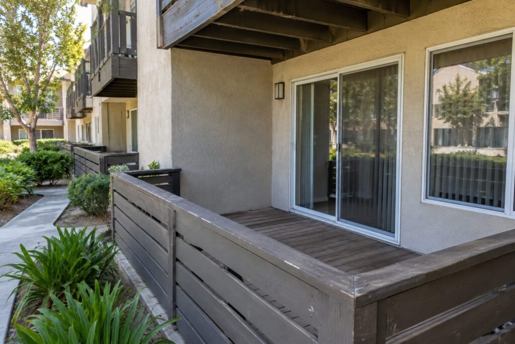 Small wooden deck with horizontal slat railing at a Sacramento apartment, typical of a deck inspection visit