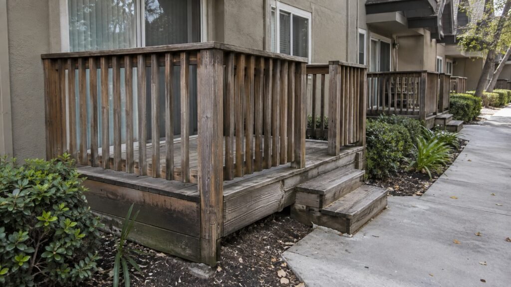 Grey weathered deck railing and box step at a Sacramento apartment, a common deck inspection finding