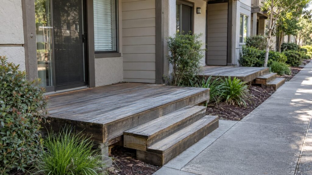 Sunlit wooden deck with box steps at a Sacramento townhome, ready for a deck inspection of framing and stairs