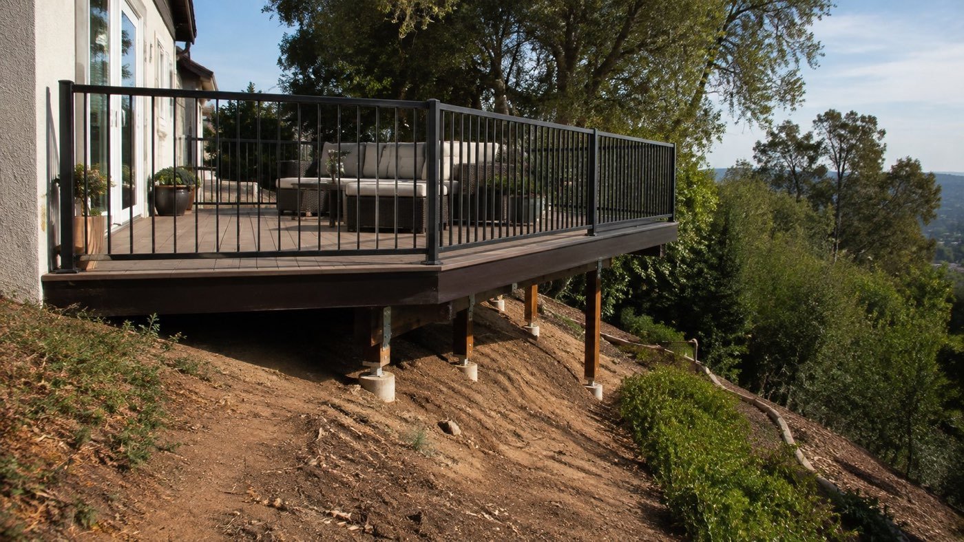 Elevated deck on a hillside lot with a black metal guard rail, showing the drop that makes a barrier mandatory