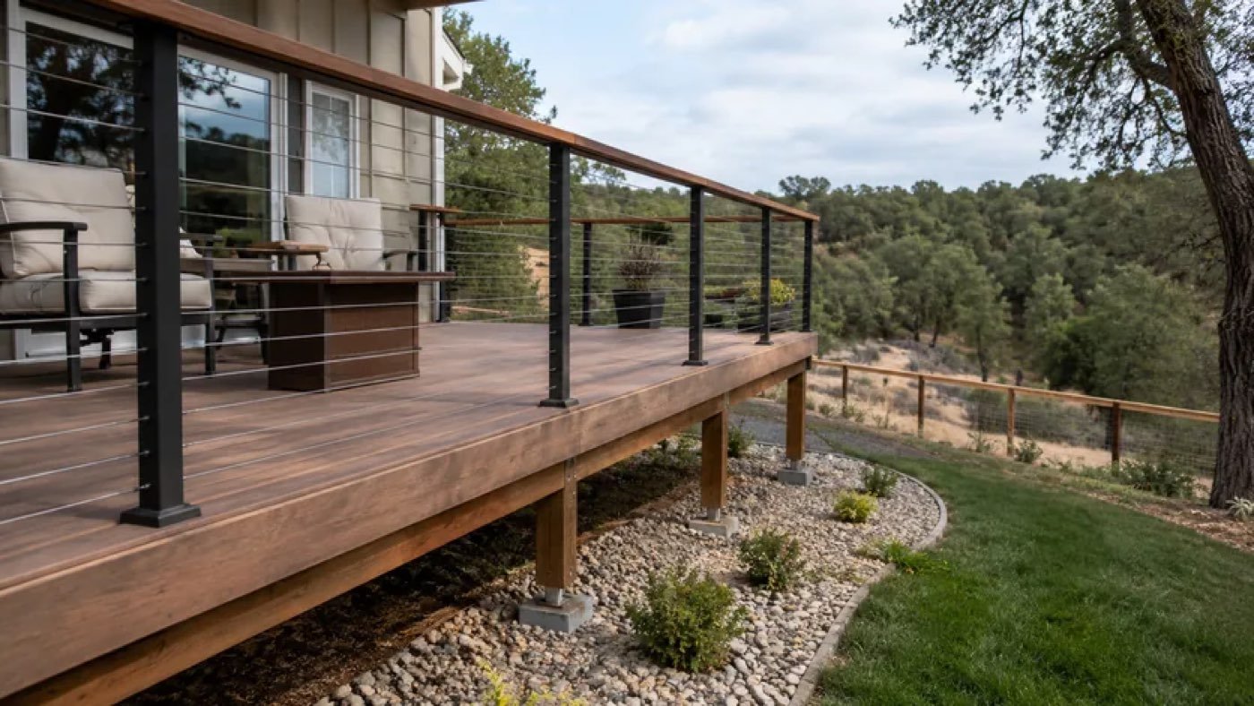 Horizontal cable railing with a wood top rail on an elevated deck overlooking oak woodland