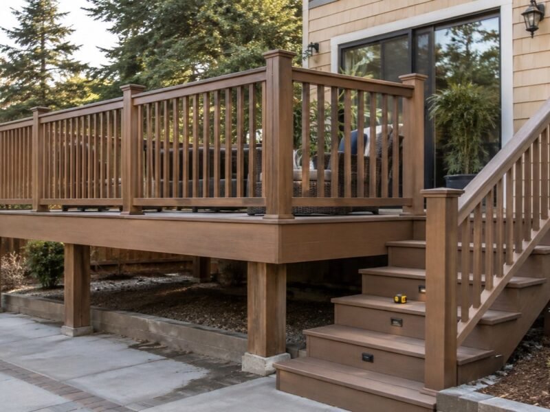 Wood deck with a full-height perimeter guard rail and a matching stair handrail beside a California home
