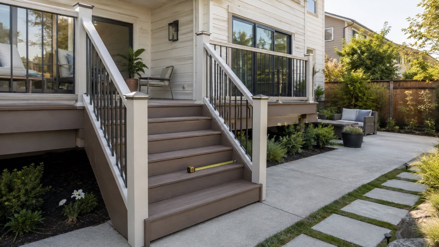Tape measure laid across a composite deck step to check tread depth against California code