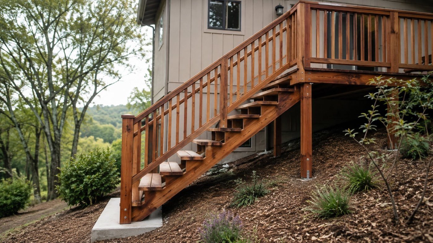 Long wooden stairway with open risers and a continuous handrail running down a slope from a hillside deck