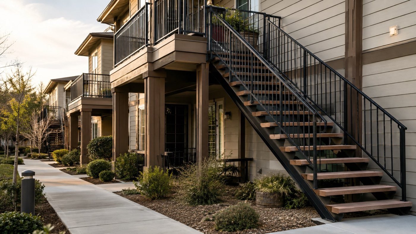 Exterior stairway serving second-floor apartment balconies, governed by California’s commercial deck stair limits