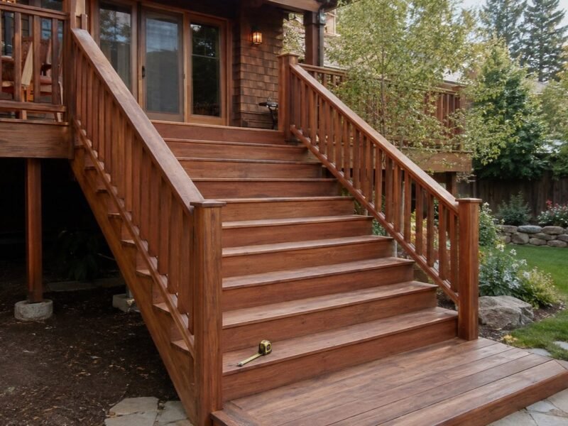 Wide wooden deck stairs with handrails on both sides descending from an elevated redwood deck to a backyard walkway