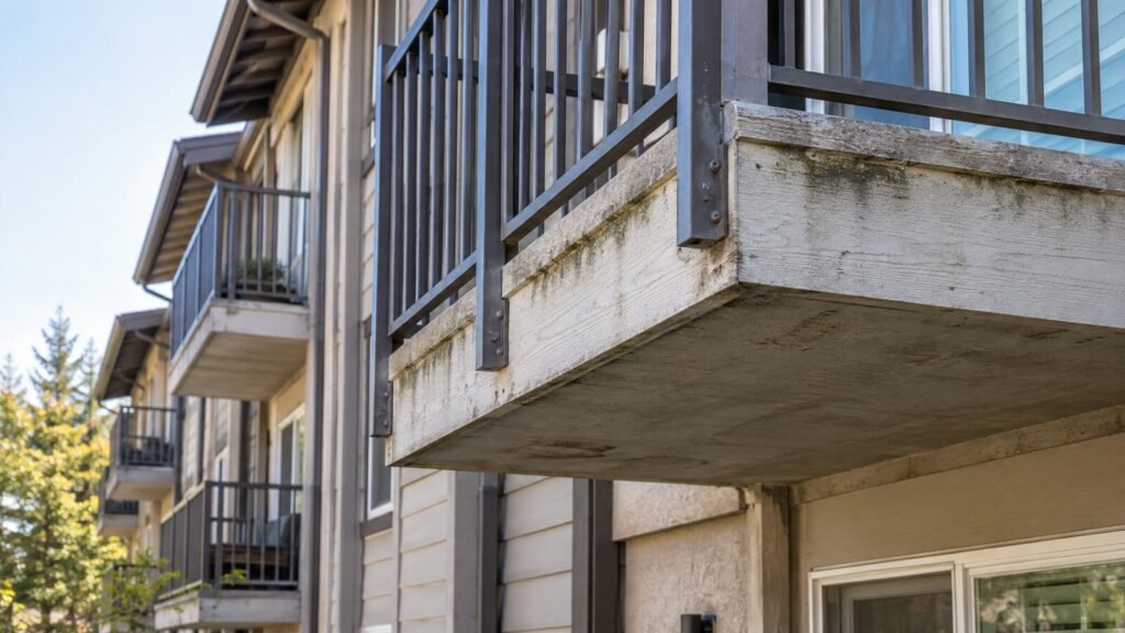 Stained cantilevered balcony slab on a condo building, a moisture sign checked in an HOA balcony inspection