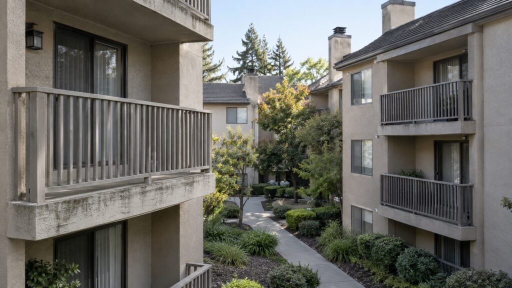 Courtyard between two condo buildings with wood-railed balconies covered by an HOA balcony inspection