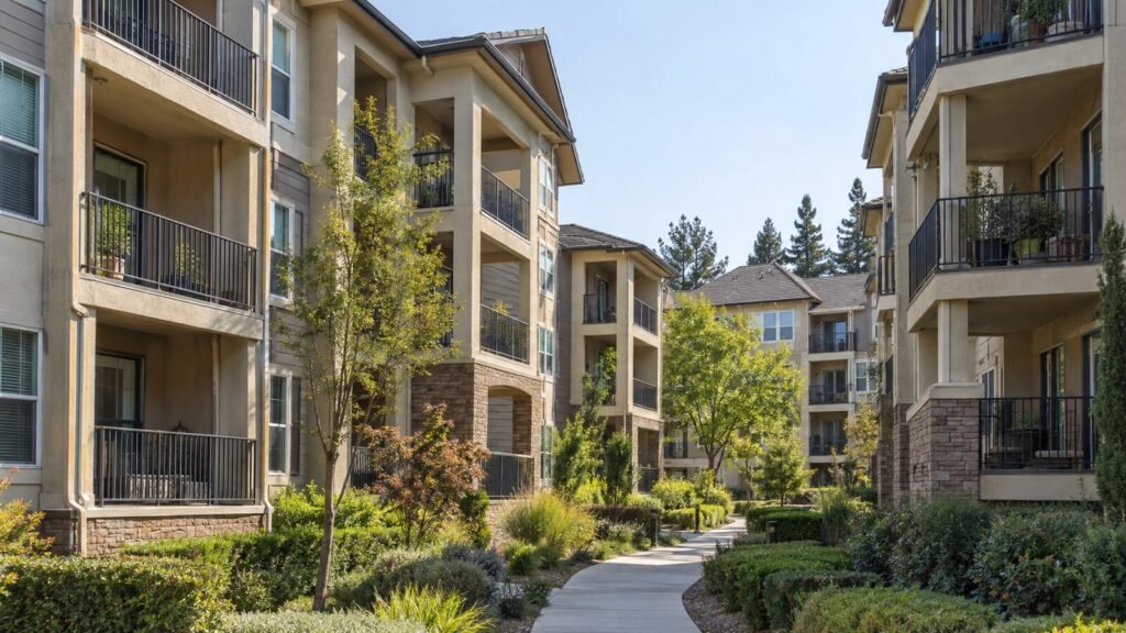 Modern Sacramento condo community with stacked balconies subject to HOA balcony inspection under SB 326