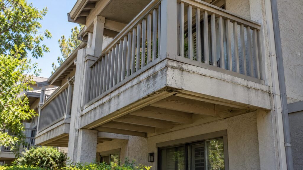 Peeling paint and cracked joists under a wood condo balcony flagged in an HOA balcony inspection