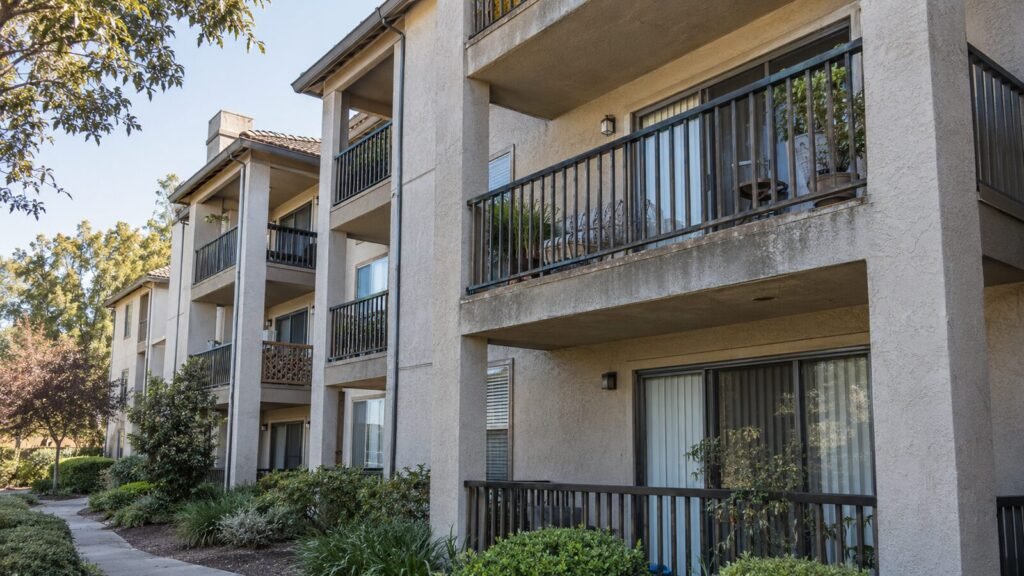 Three-story stucco condo building with metal balcony railings, typical of an HOA balcony inspection in Sacramento