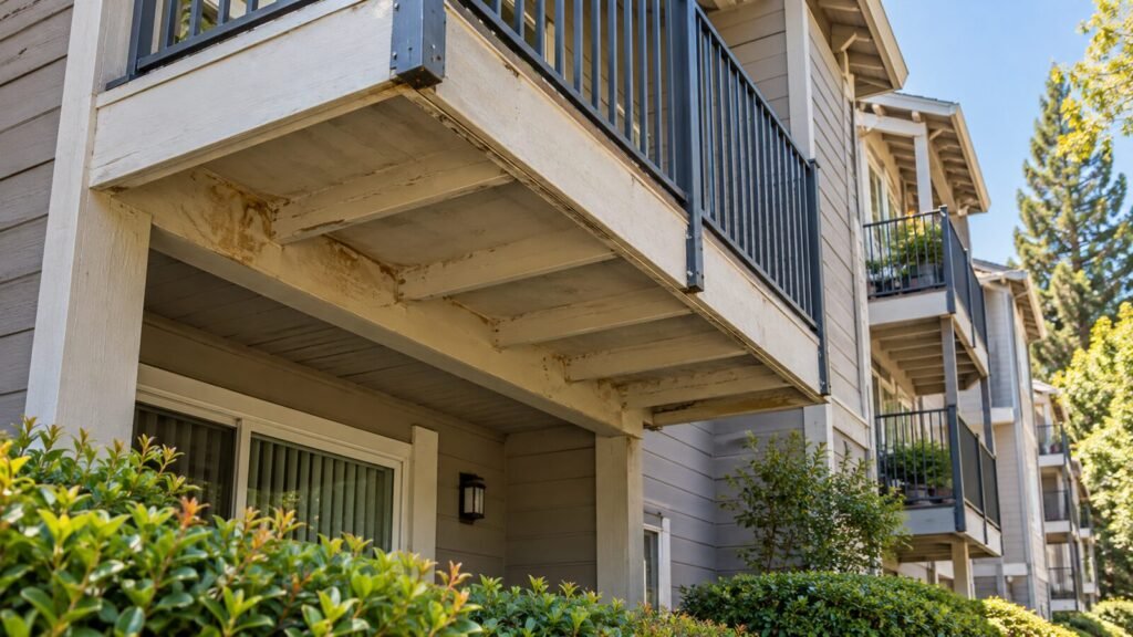 Rust-colored water stains on white balcony joists found during an HOA balcony inspection