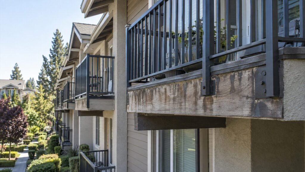 Water-stained wood rim beam under a metal balcony railing, a common HOA balcony inspection finding
