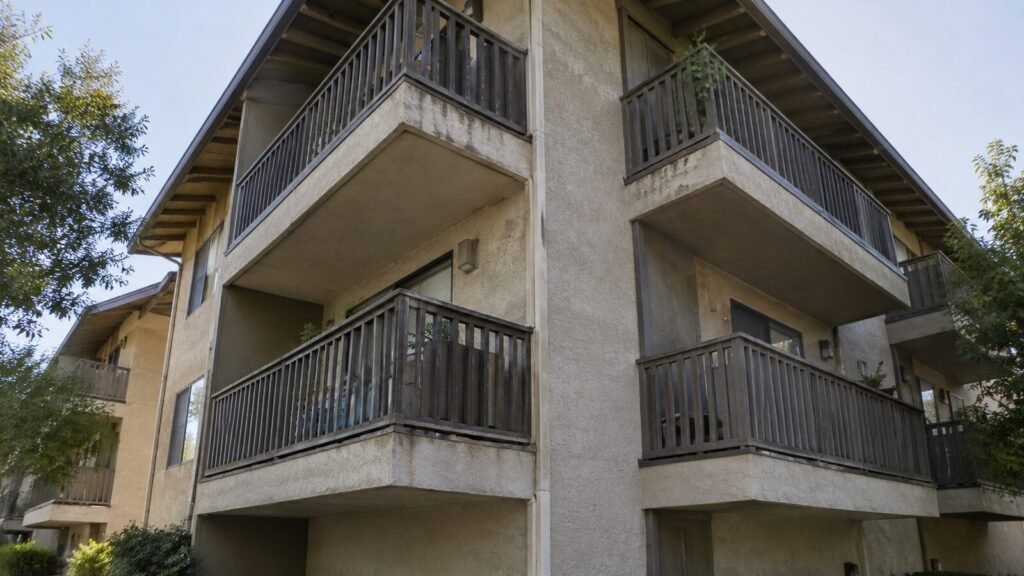 Stucco condo building with dark wood balcony railings and streaked walls before an HOA balcony inspection