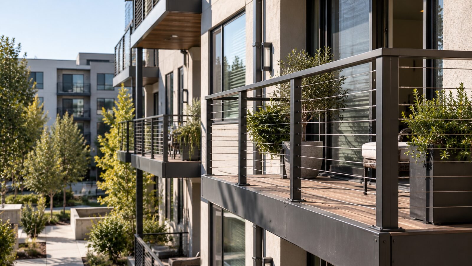 Multi-story apartment building exterior with wood-floored balconies, black horizontal cable railings and potted plants, trees below