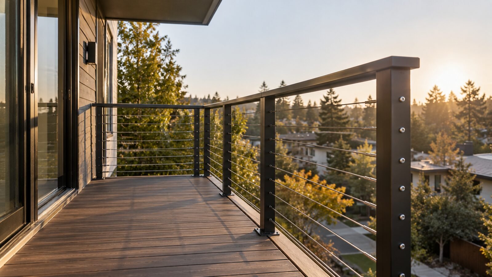 Black steel post cable railing along a composite deck balcony overlooking evergreen trees at sunset, sliding glass door at left