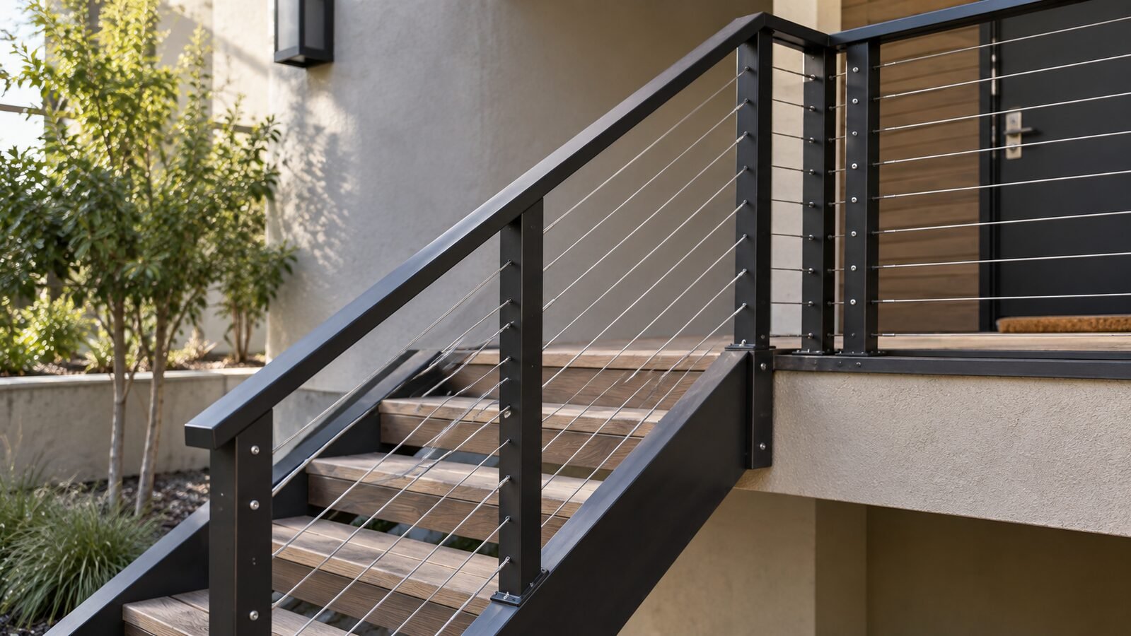 Black metal stair railing with horizontal stainless cable infill on wood-tread exterior steps leading to a front door landing