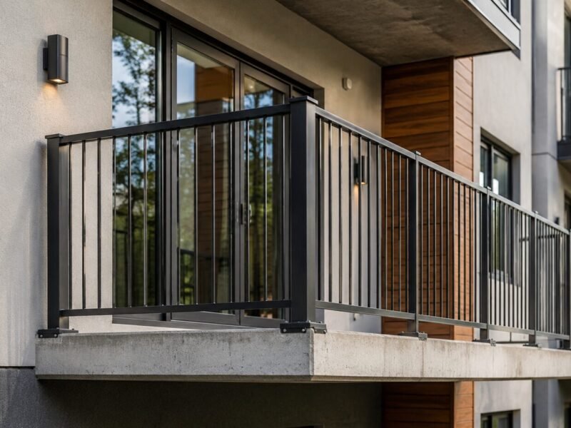 Black metal vertical picket railing on a cantilevered concrete balcony of a modern stucco apartment building with sliding glass doors
