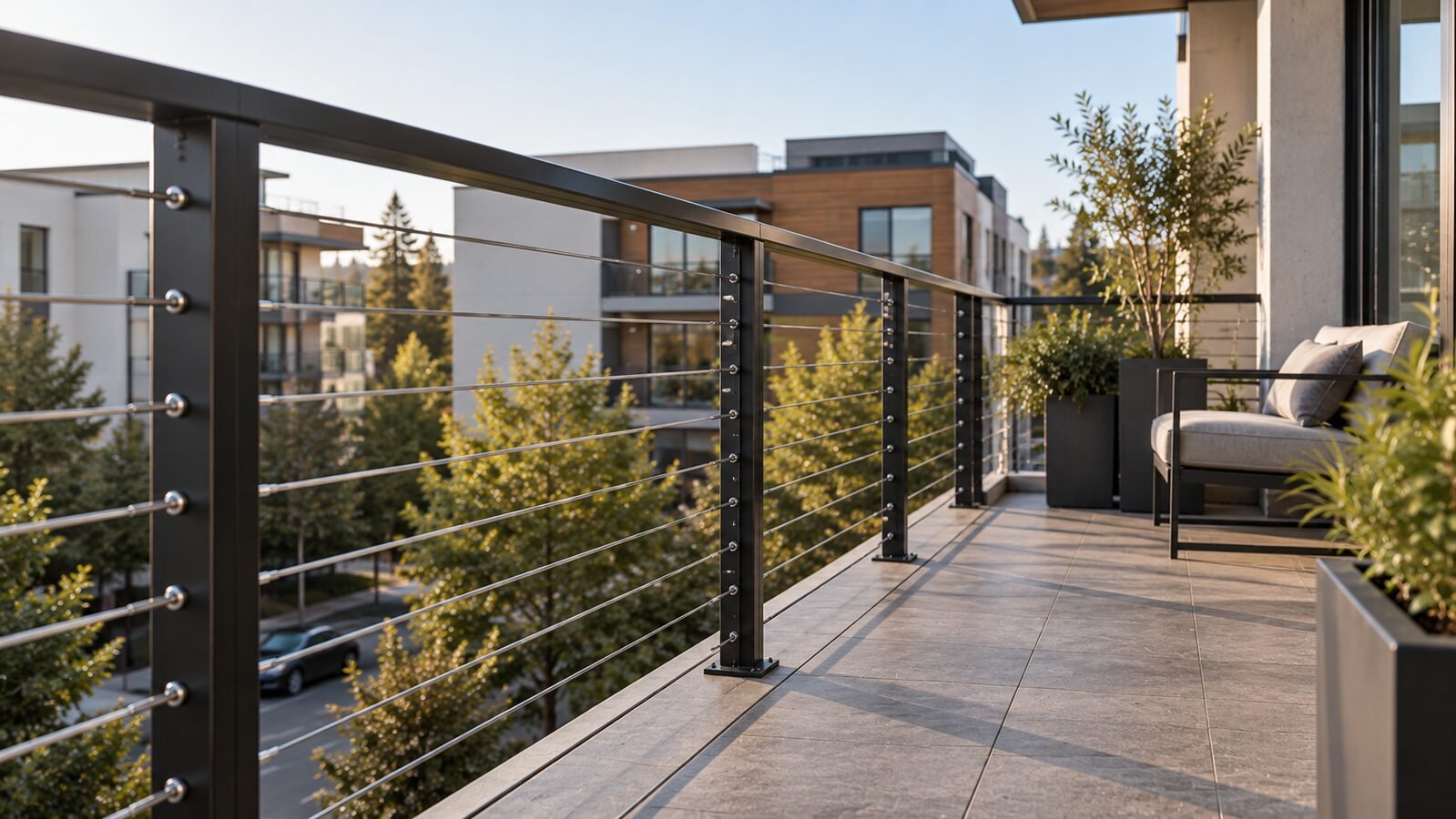 Horizontal cable railing with black posts on a tiled apartment balcony with planters and a lounge chair, trees and buildings beyond