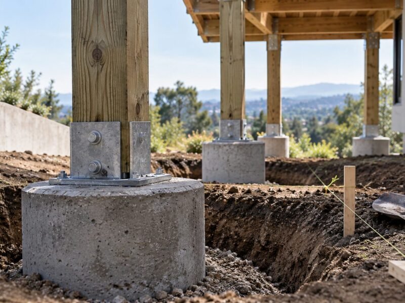 Wood deck posts bolted to galvanized bases on round concrete pier footings in dug trenches beneath a raised deck frame