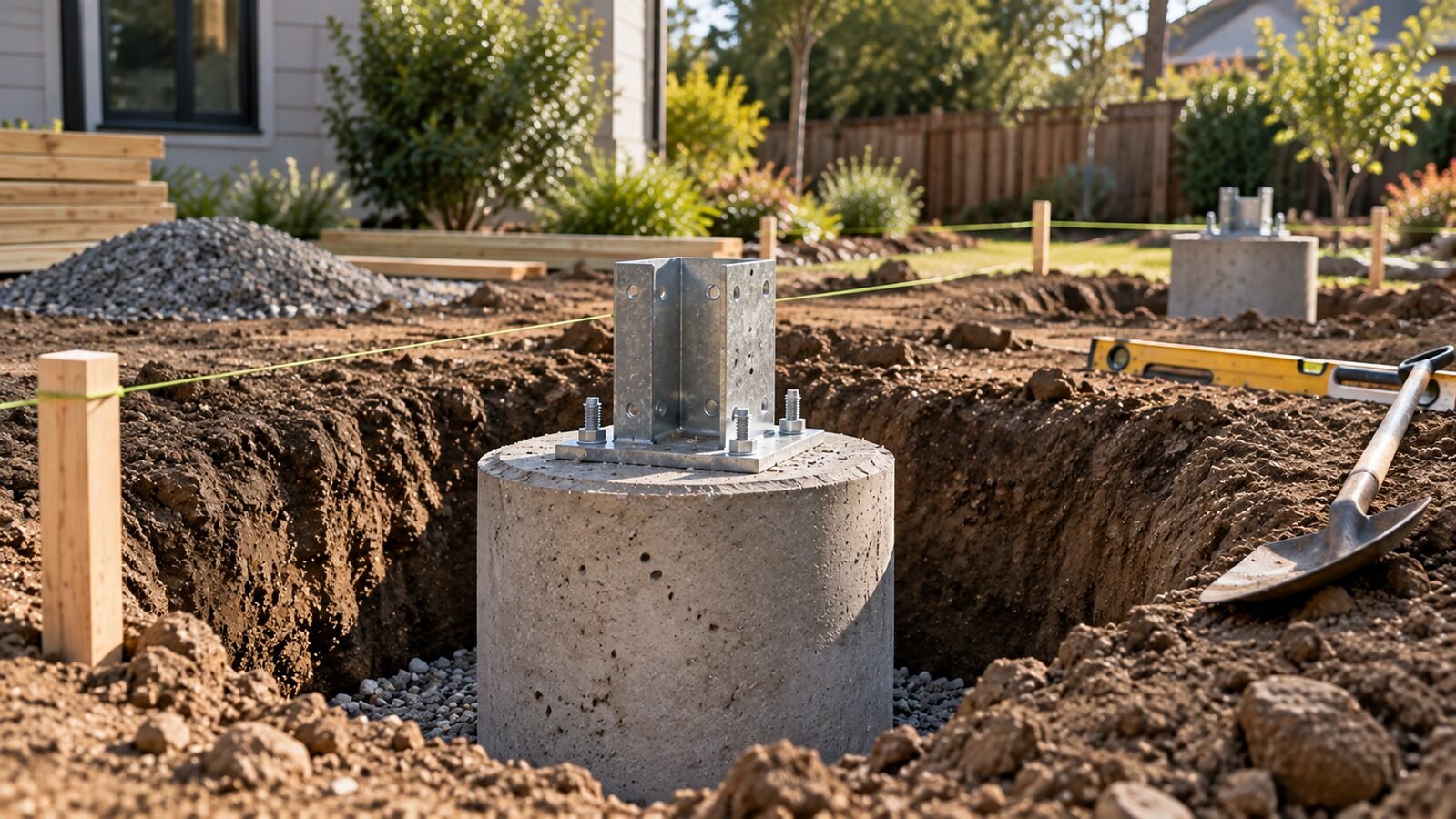 Round concrete pier footing with a galvanized post base bracket bolted on top, set in a gravel-lined trench with string lines and stakes