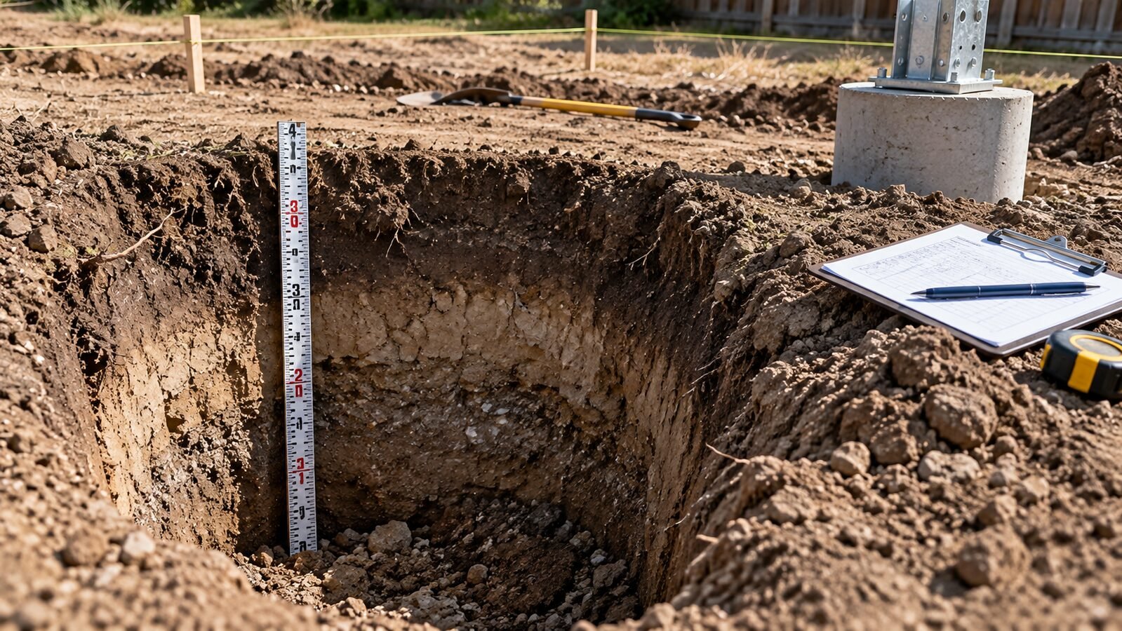 Red and white measuring rod showing the depth of a square footing hole with exposed soil layers, clipboard and tape measure nearby