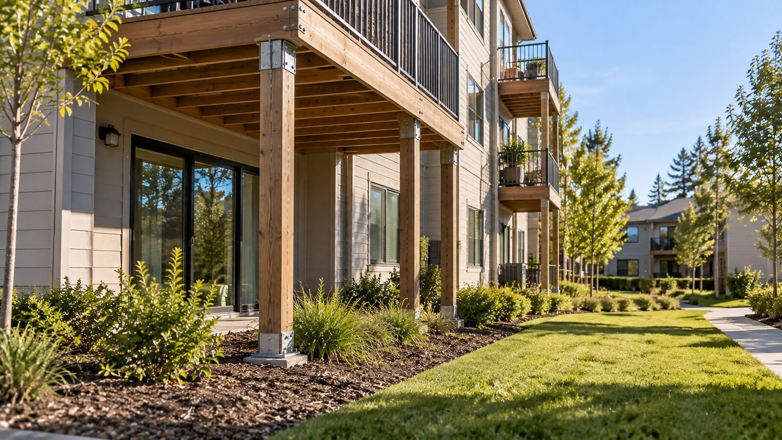 Multi-story multifamily building with a second-floor balcony deck on wood posts with metal bases beside mulched beds and a lawn