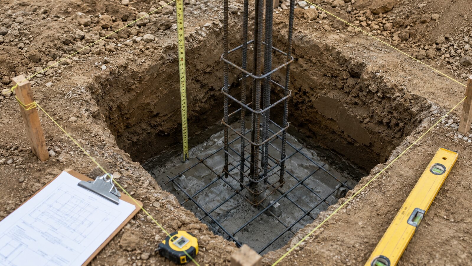 Tied rebar cage standing on a steel mesh mat inside a square footing excavation, with tape measure, clipboard and level at the edge