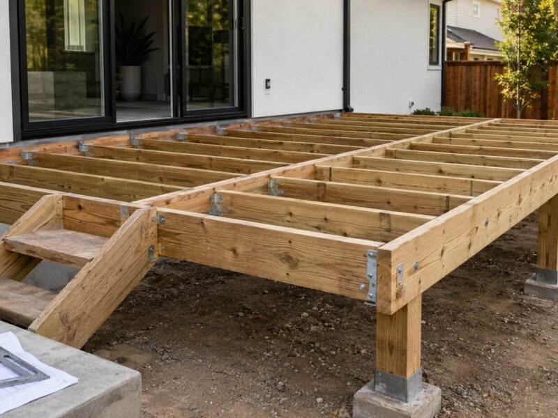 Freshly framed backyard deck with joists, joist hangers and posts on concrete piers beside a house with sliding glass doors