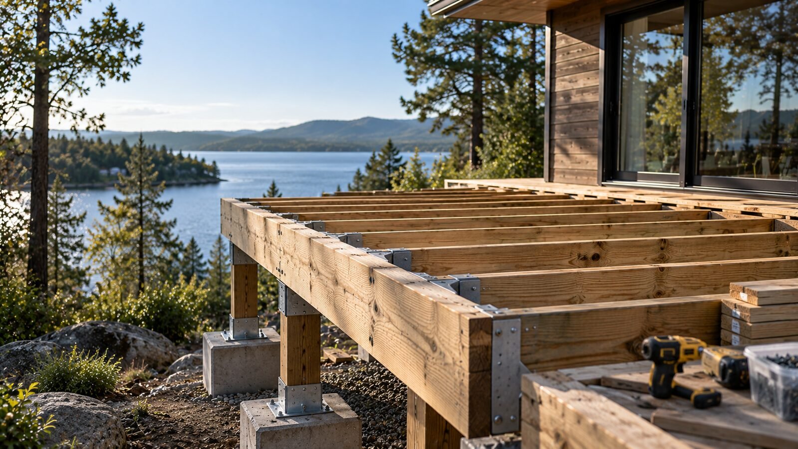 Pressure-treated deck frame with galvanized hangers and posts on concrete piers on a hillside overlooking a lake