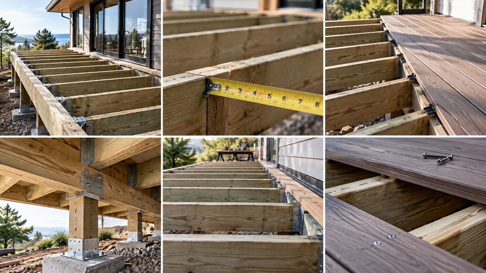Collage of deck framing details: tape measure across joists, metal post cap on a beam, hangers and composite boards over joists