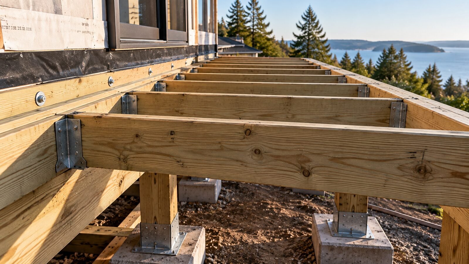 Deck joists hung from a ledger board bolted through flashing to a house wall, with posts on concrete piers and a lake beyond