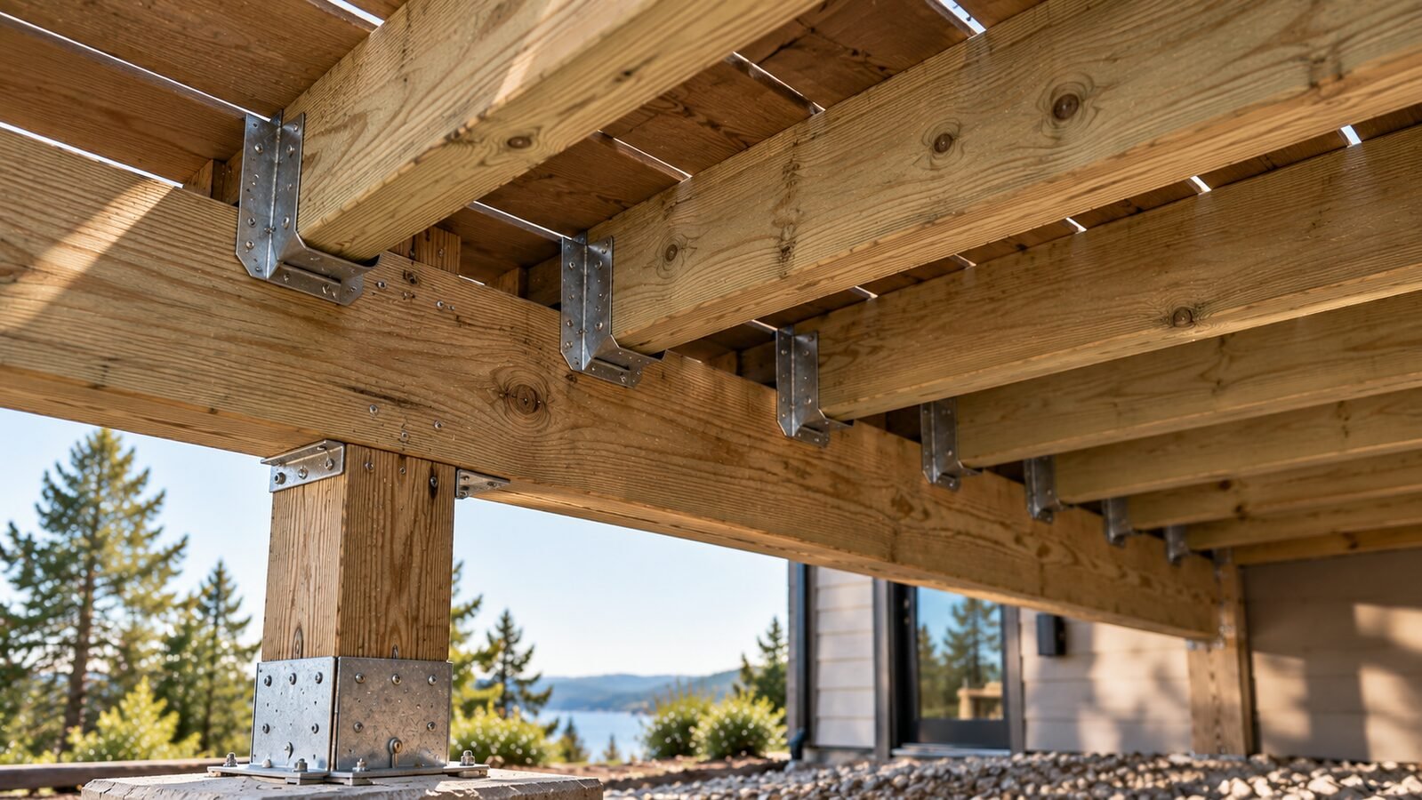 Underside of a wood deck showing a beam on a square post with galvanized post cap, joist hangers and deck boards above