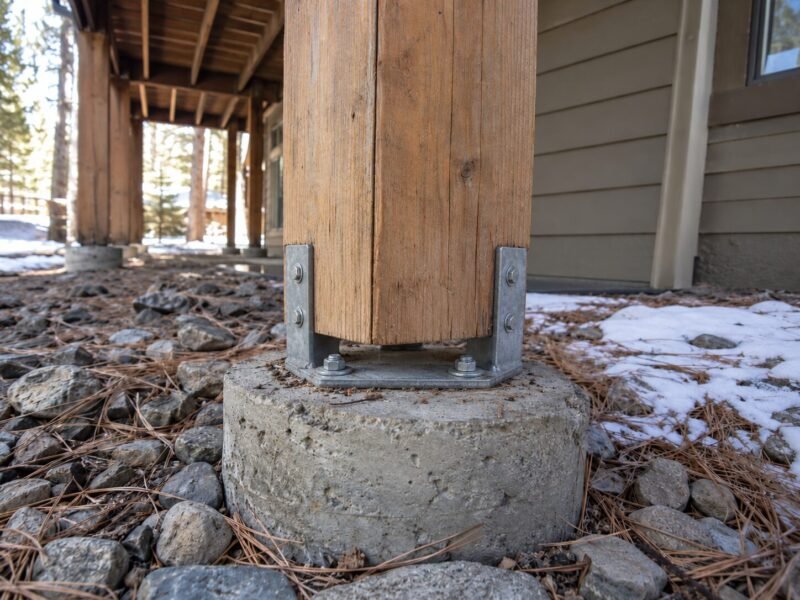 Rebuilt deck post on a galvanized standoff base holding the end grain clear