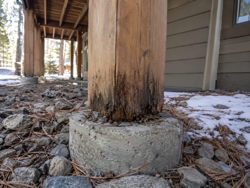 Deck post set directly on a concrete pier with a rotted base after years of snowmelt
