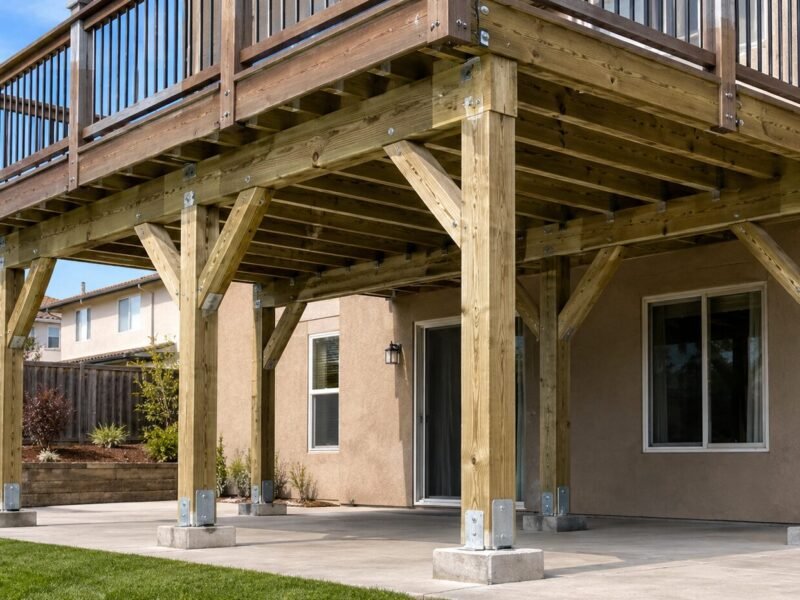 Elevated wood deck supported by pressure-treated posts on metal bases and concrete pads behind a stucco house