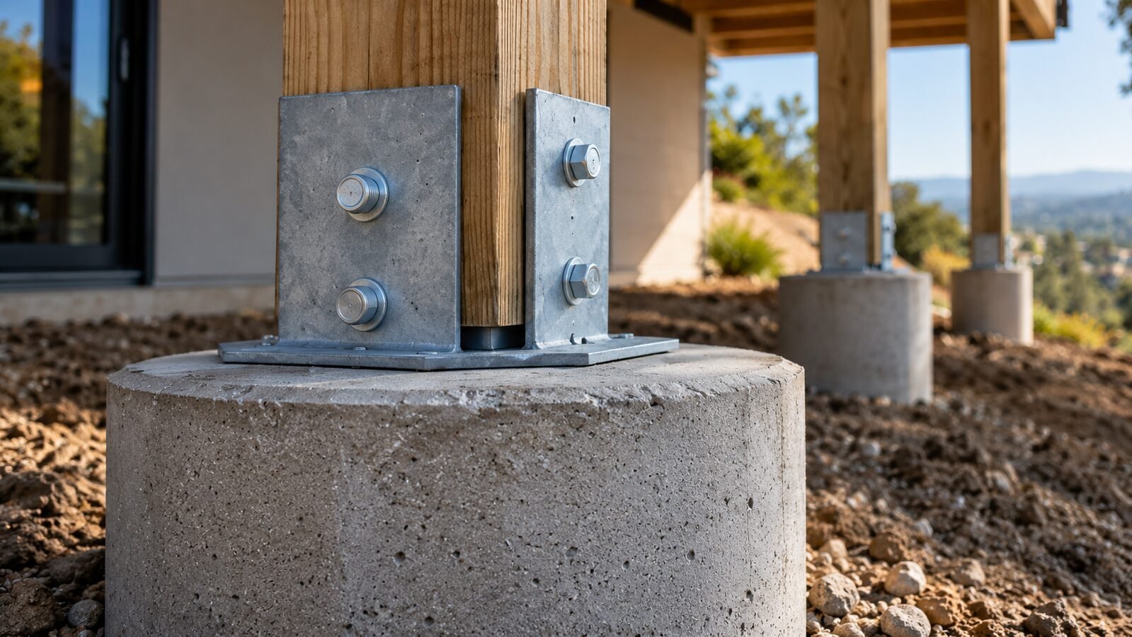 Close-up of a galvanized steel post base bolted to a wood post atop a round concrete pier footing