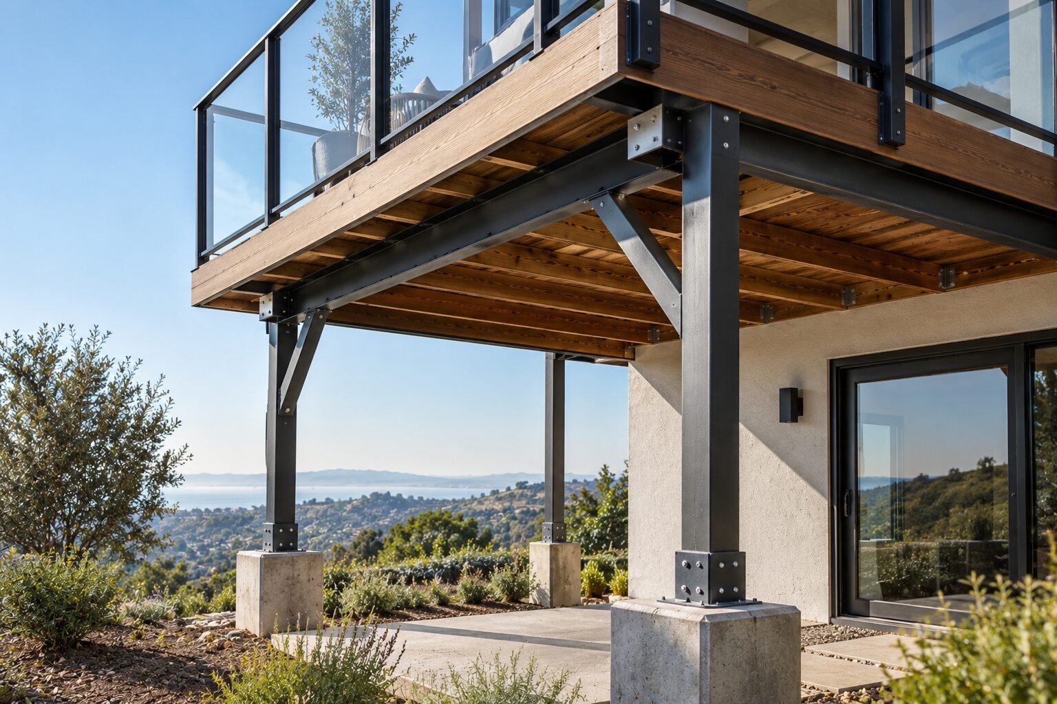 Elevated deck with glass railing on black steel posts and diagonal knee braces overlooking a hillside valley