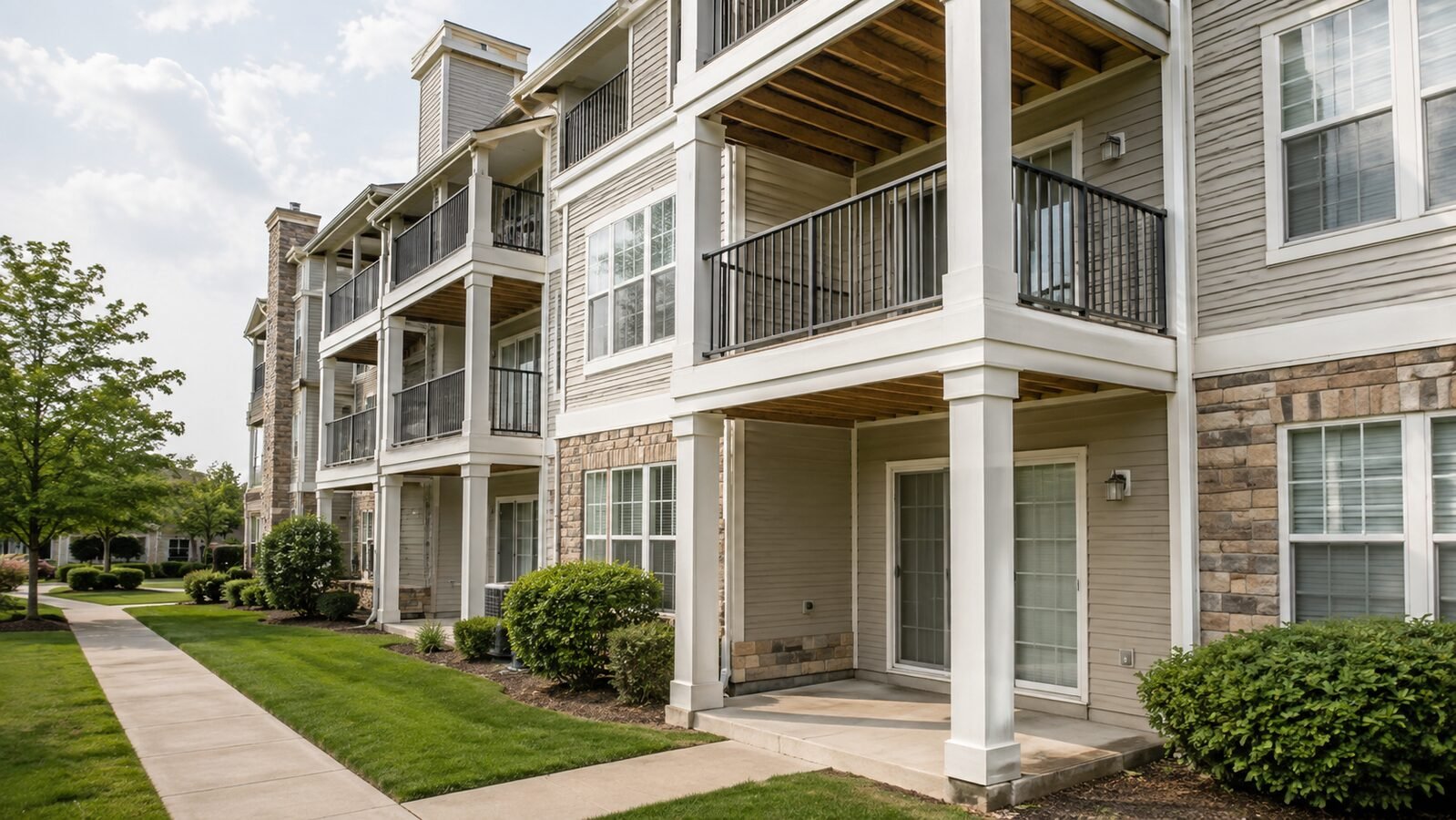 Three-story apartment building with stacked balconies, black metal railings, beige siding and stone veneer