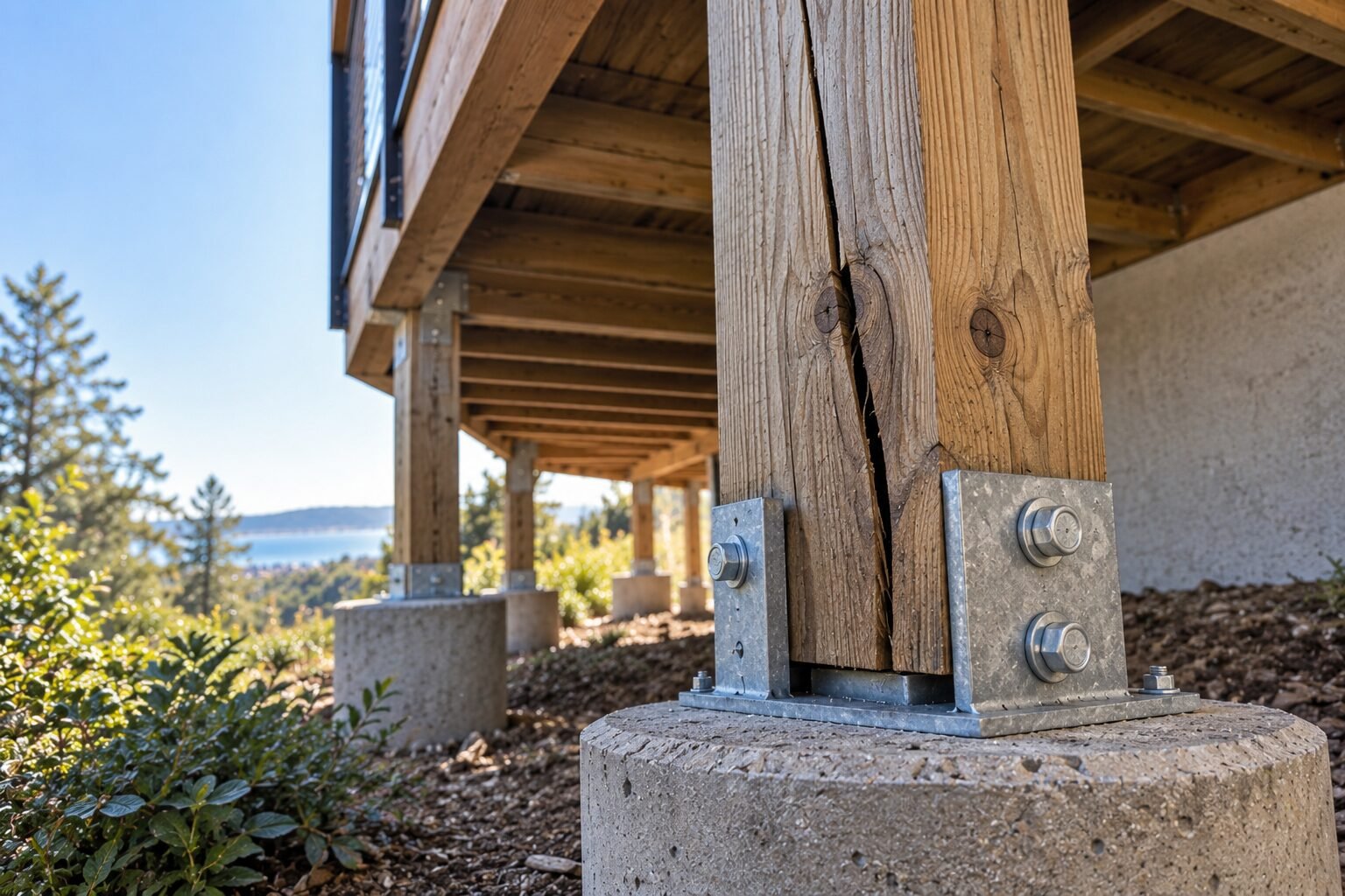 Long vertical crack running down a wood deck post above a galvanized base and round concrete pier