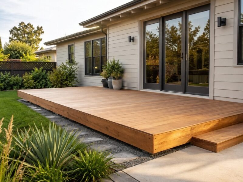 Low platform wood deck with no railing and a single step down to a concrete patio beside a home's sliding glass doors