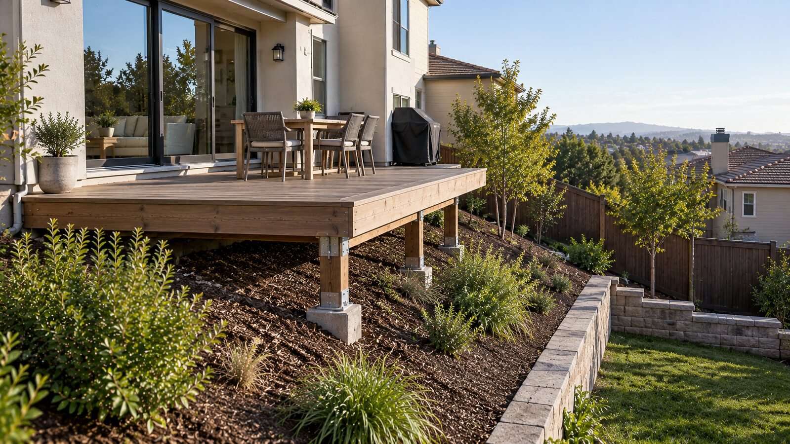 Elevated wood deck on a sloped lot, held up by posts on concrete piers with no guardrail, dining set and grill on top