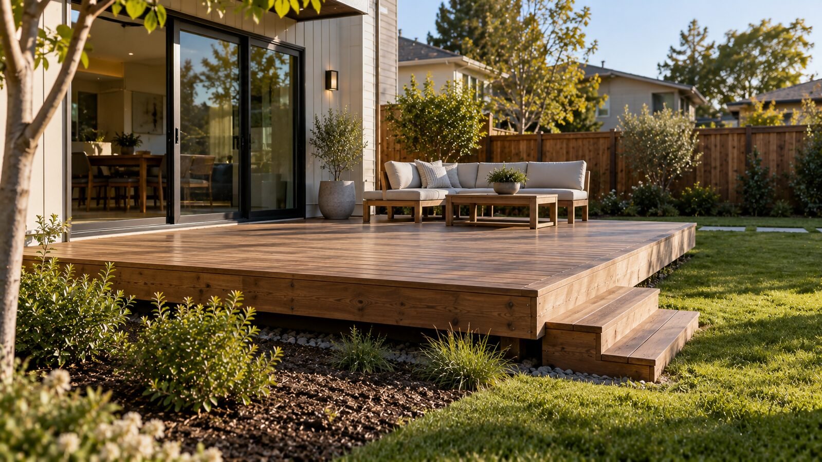Ground-level wood deck without a railing, with an outdoor sofa and two steps down to a backyard lawn beside a wood fence