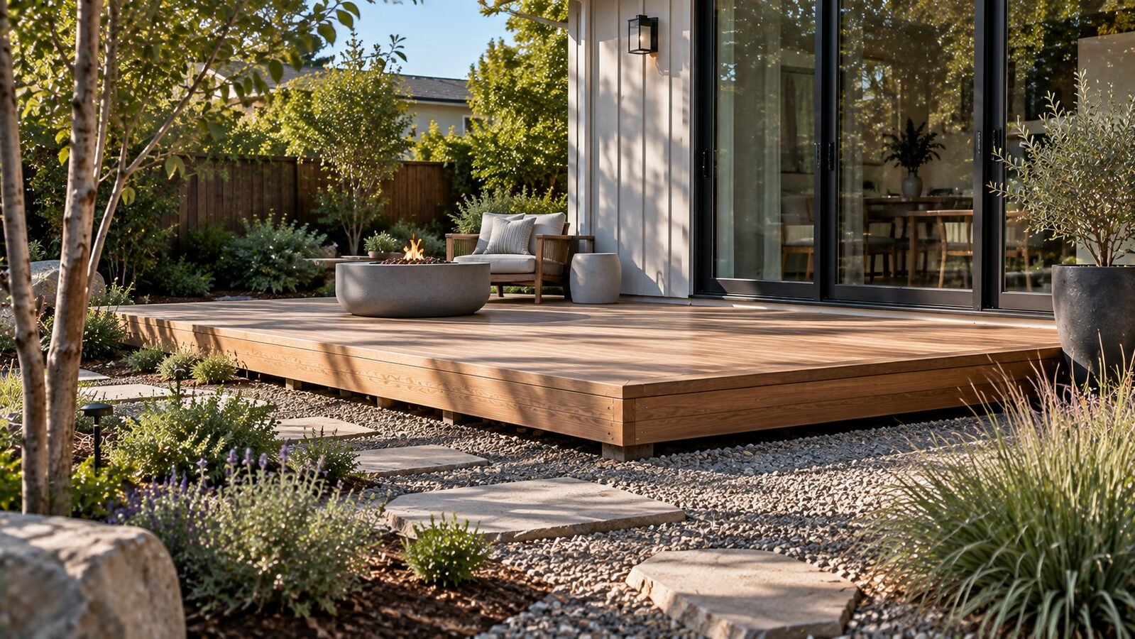 Low wood platform deck with a concrete fire bowl and lounge chair, edged by gravel and stone pavers beside glass sliding doors