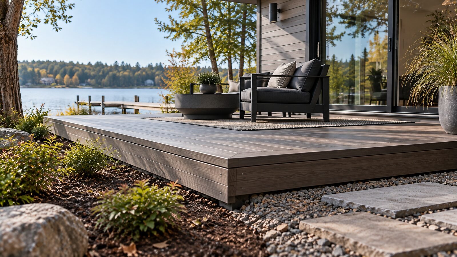 Low gray deck with a lounge chair and potted plants set just above a gravel bed, overlooking a lake and a wooden dock